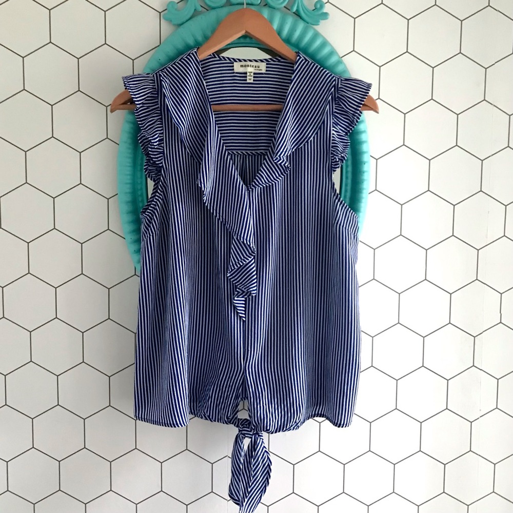 MONTEAU LA Flutter Ruffled Front V Neck Striped Front Tie Hem Sleeveless Blouse